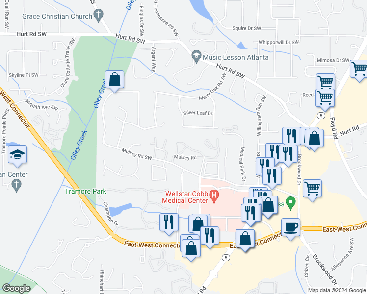 map of restaurants, bars, coffee shops, grocery stores, and more near 1820 Mulkey Road Southwest in Austell