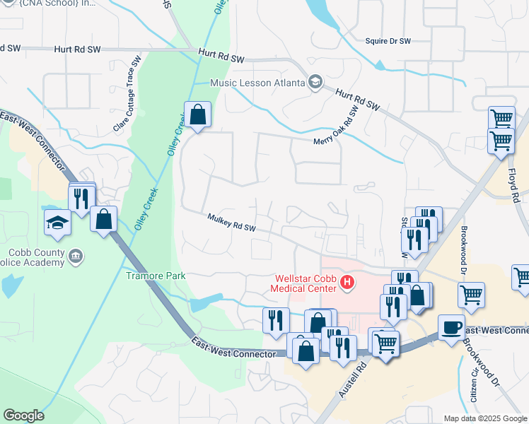 map of restaurants, bars, coffee shops, grocery stores, and more near 3876 Mulkey Circle Southwest in Marietta