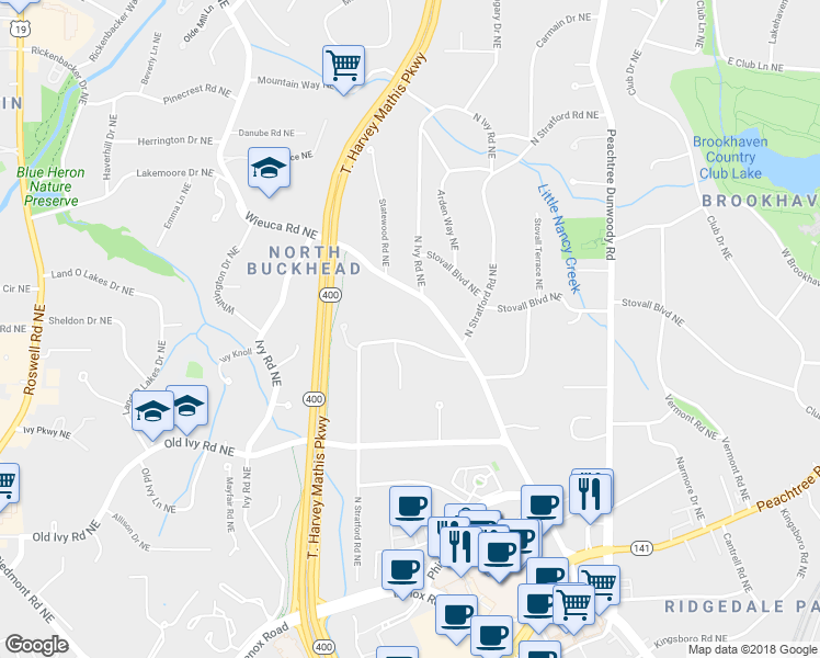 map of restaurants, bars, coffee shops, grocery stores, and more near 3842 North Stratford Road Northeast in Atlanta