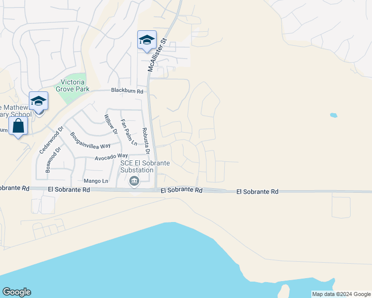 map of restaurants, bars, coffee shops, grocery stores, and more near 12752 Big Valley Court in Riverside