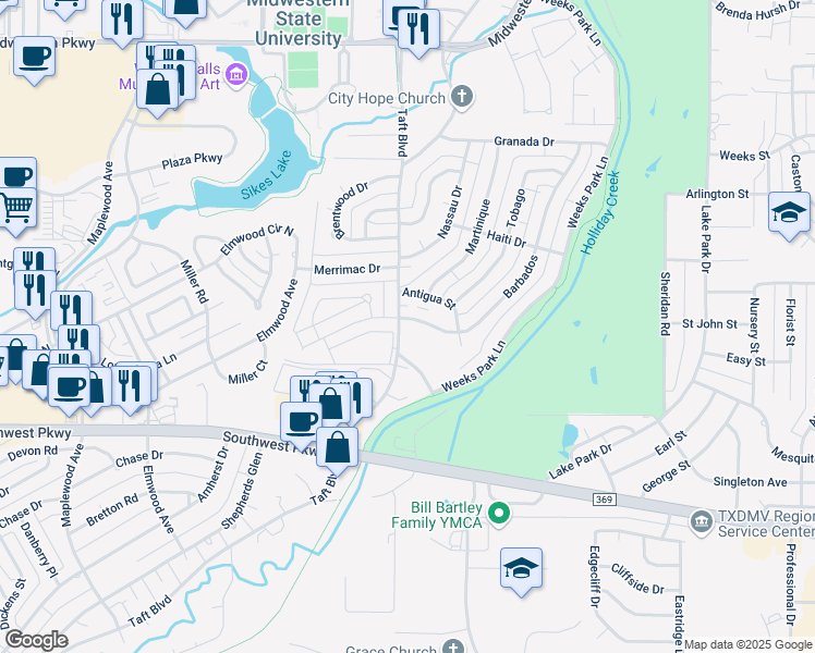 map of restaurants, bars, coffee shops, grocery stores, and more near 2311 Barbados in Wichita Falls