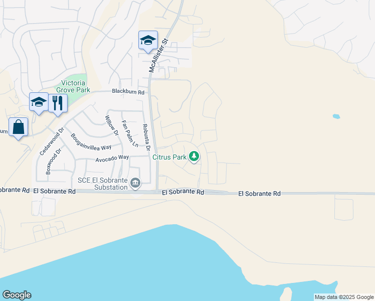 map of restaurants, bars, coffee shops, grocery stores, and more near 12752 Big Valley Court in Riverside