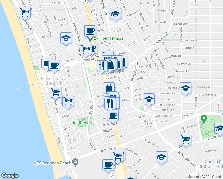 map of restaurants, bars, coffee shops, grocery stores, and more near 840 8th Place in Hermosa Beach