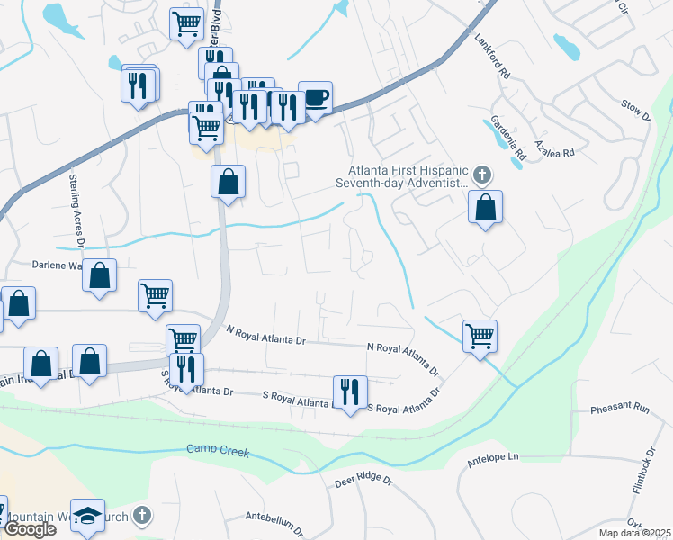 map of restaurants, bars, coffee shops, grocery stores, and more near 2514 Leeshire Road in Tucker