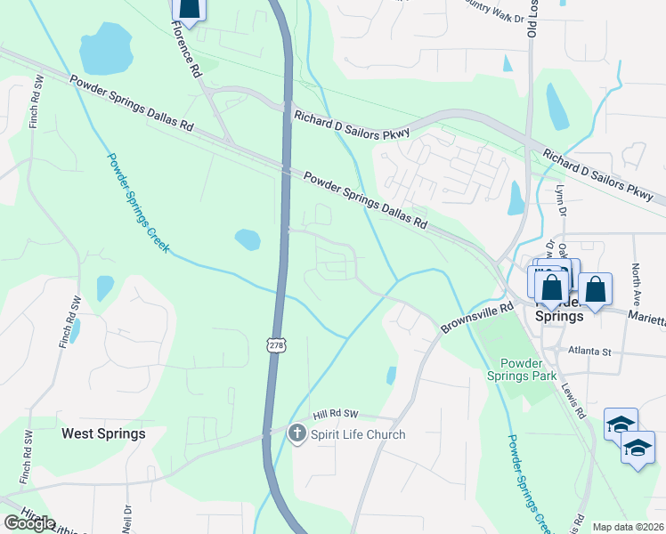 map of restaurants, bars, coffee shops, grocery stores, and more near 4009 Glendianne Way in Powder Springs