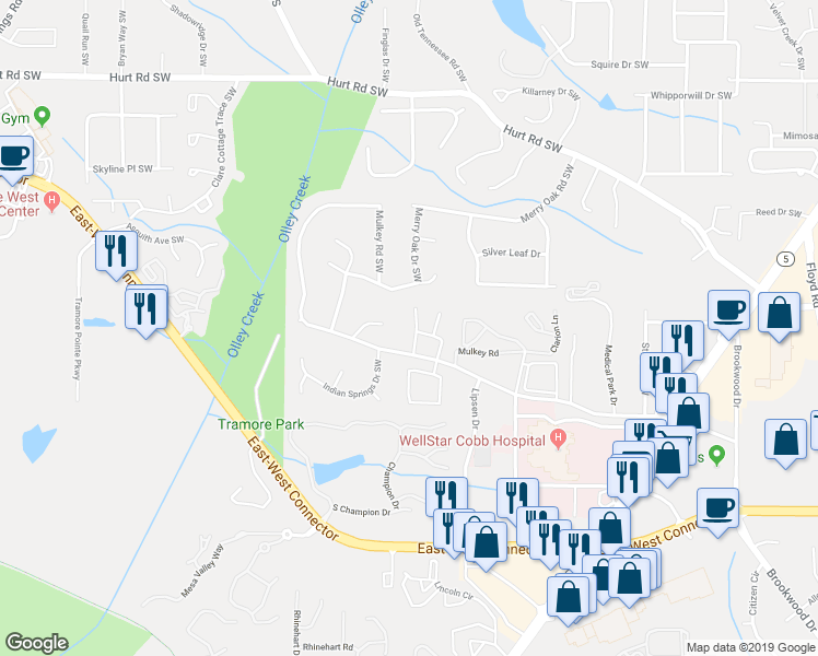 map of restaurants, bars, coffee shops, grocery stores, and more near 3876 Mulkey Circle Southwest in Marietta