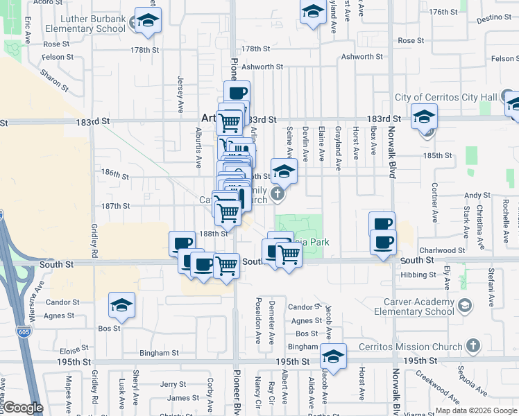 map of restaurants, bars, coffee shops, grocery stores, and more near 18713 Clarkdale Avenue in Artesia