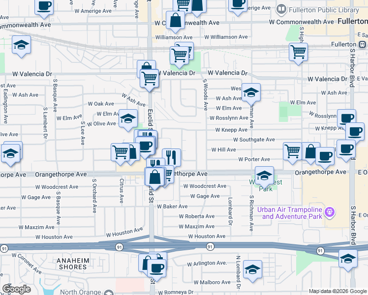 map of restaurants, bars, coffee shops, grocery stores, and more near 747 Hill Avenue in Fullerton