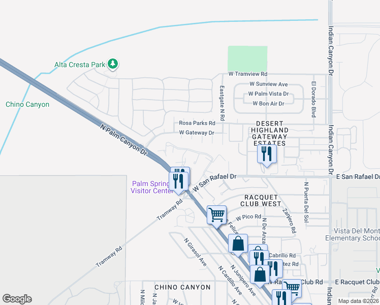 map of restaurants, bars, coffee shops, grocery stores, and more near 675 Los Felices Circle West in Palm Springs