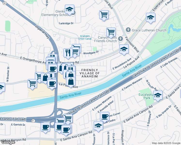 map of restaurants, bars, coffee shops, grocery stores, and more near 5815 East La Palma Avenue in Anaheim