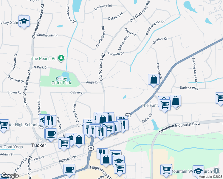 map of restaurants, bars, coffee shops, grocery stores, and more near 2561 Old Norcross Road in Tucker