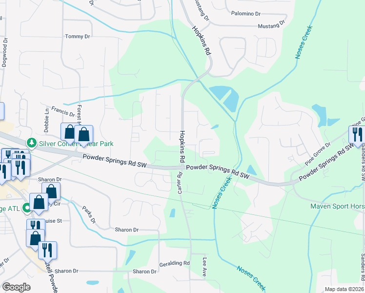 map of restaurants, bars, coffee shops, grocery stores, and more near 3815 Hopkins Road in Powder Springs