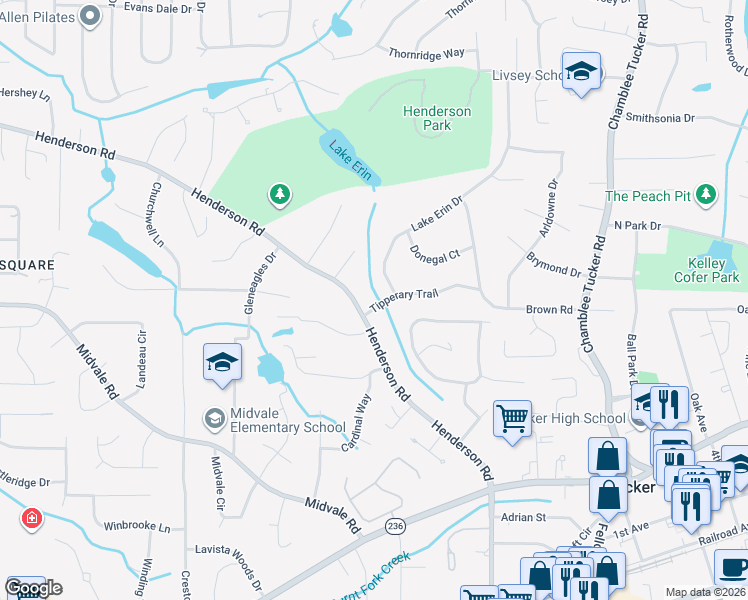 map of restaurants, bars, coffee shops, grocery stores, and more near 3916 Tipperary Trail in Tucker