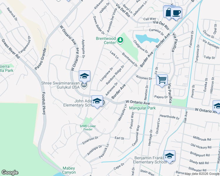 map of restaurants, bars, coffee shops, grocery stores, and more near 2232 Adrienne Drive in Corona