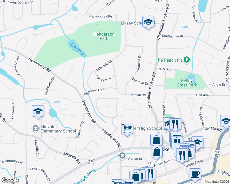 map of restaurants, bars, coffee shops, grocery stores, and more near 4083 Brown Road in Tucker