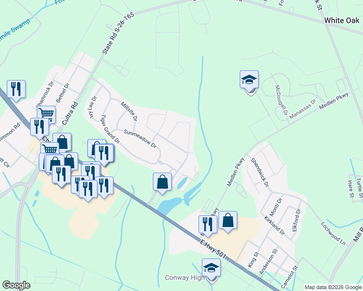 map of restaurants, bars, coffee shops, grocery stores, and more near 4224 Woodcliffe Drive in Conway