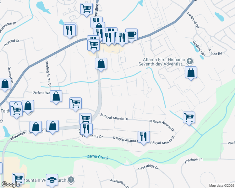 map of restaurants, bars, coffee shops, grocery stores, and more near 2567 Presidents Walk in Tucker