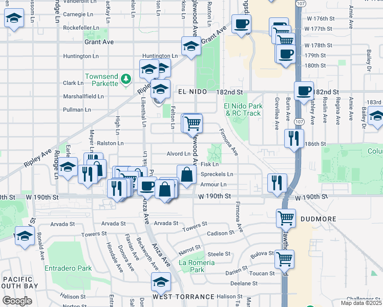 map of restaurants, bars, coffee shops, grocery stores, and more near 2617 Alvord Lane in Redondo Beach