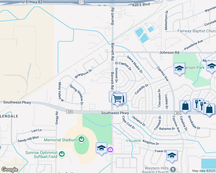 map of restaurants, bars, coffee shops, grocery stores, and more near 4550 Barnett Road in Wichita Falls