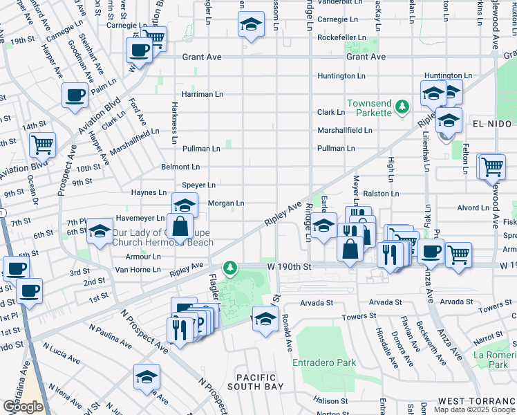 map of restaurants, bars, coffee shops, grocery stores, and more near 2010 Morgan Lane in Redondo Beach