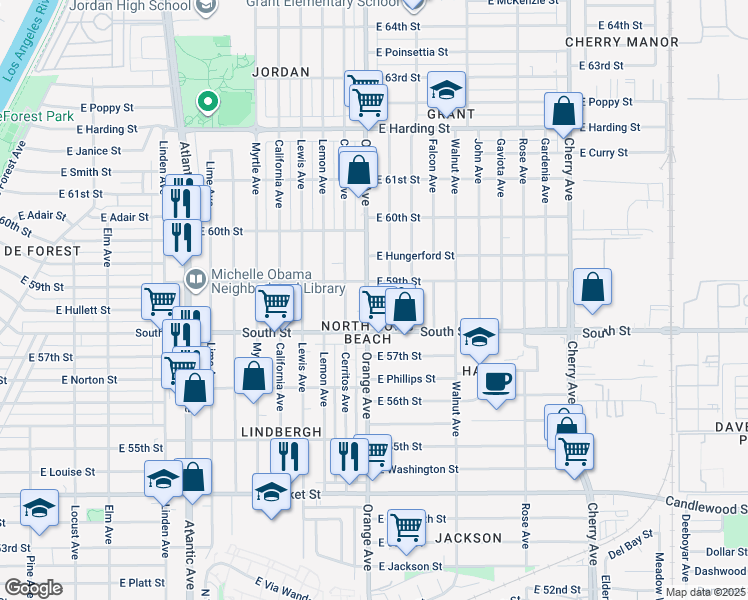map of restaurants, bars, coffee shops, grocery stores, and more near 5860 Orange Avenue in Long Beach