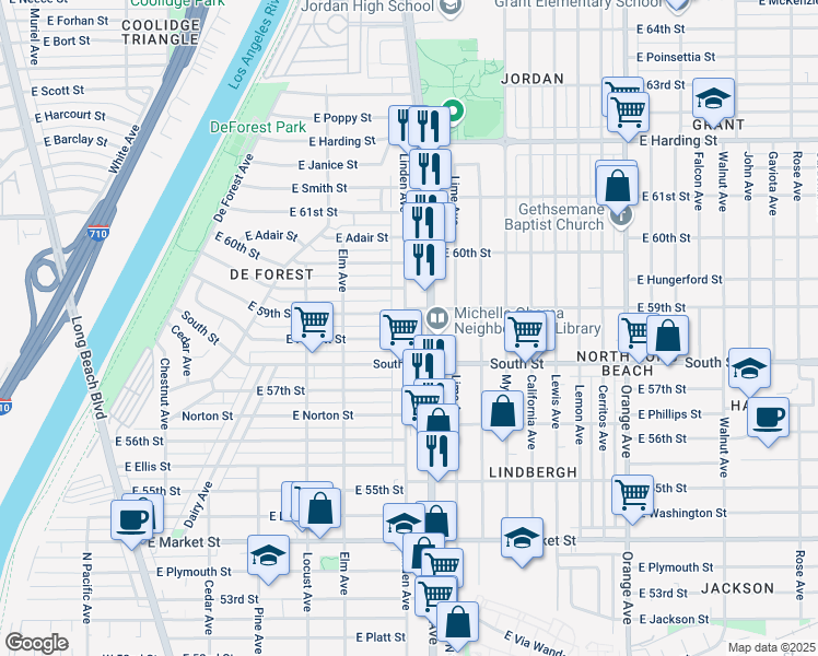 map of restaurants, bars, coffee shops, grocery stores, and more near 5864 Linden Avenue in Long Beach