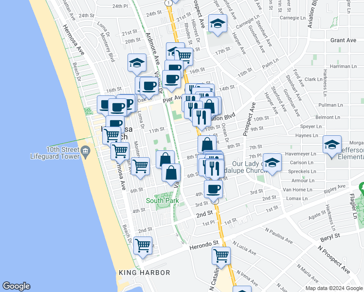 map of restaurants, bars, coffee shops, grocery stores, and more near 610 9th Street in Hermosa Beach