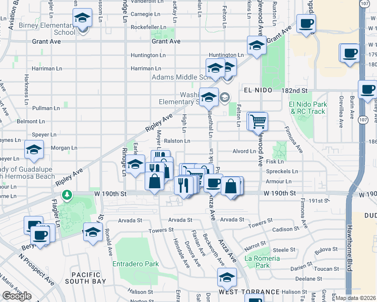 map of restaurants, bars, coffee shops, grocery stores, and more near 2403 Alvord Lane in Redondo Beach