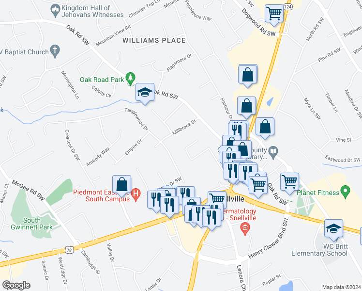 map of restaurants, bars, coffee shops, grocery stores, and more near 2093 Forest Court in Snellville