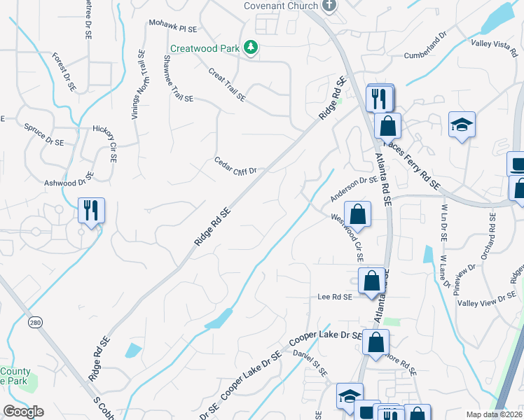 map of restaurants, bars, coffee shops, grocery stores, and more near 2030 Cliffside Court in Smyrna