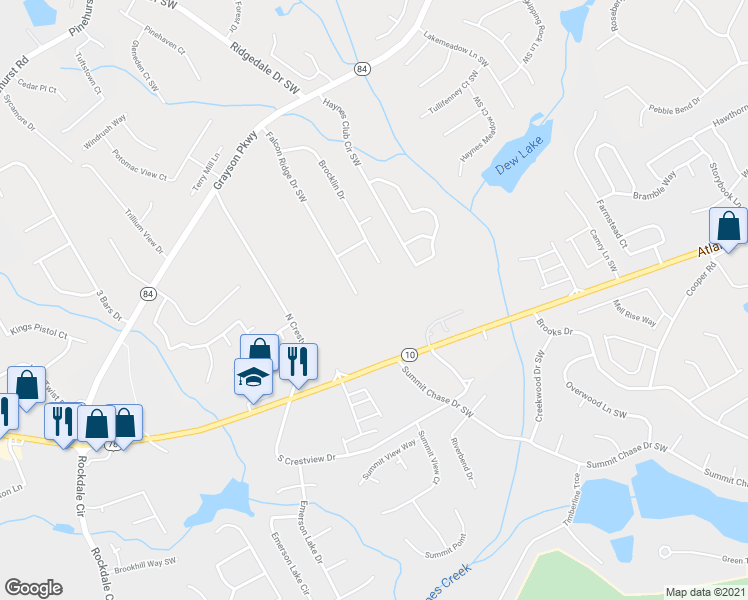 map of restaurants, bars, coffee shops, grocery stores, and more near 2698 Falcon Ridge Drive Southwest in Grayson