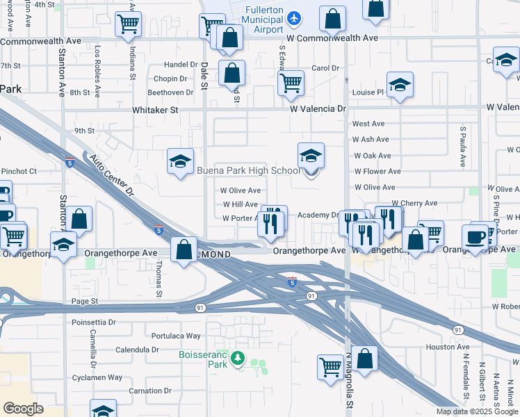 map of restaurants, bars, coffee shops, grocery stores, and more near 1018 South Meade Avenue in Fullerton