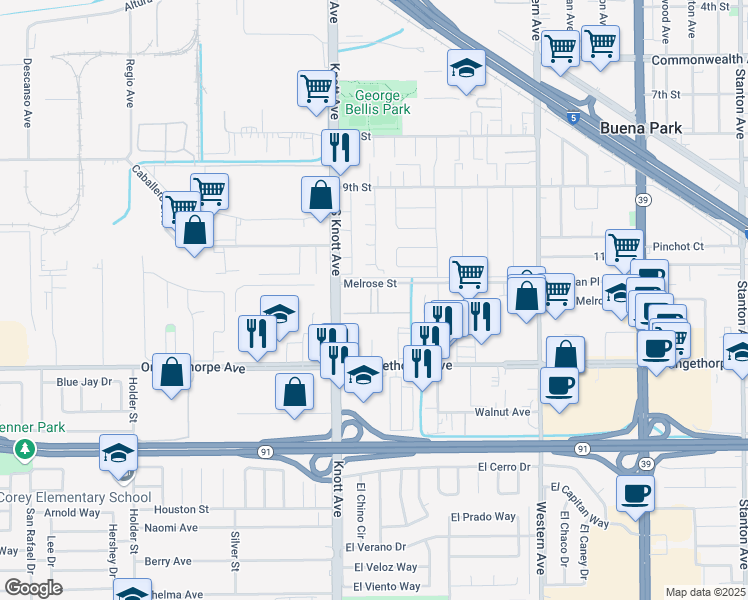 map of restaurants, bars, coffee shops, grocery stores, and more near 7100 Melrose Street in Buena Park