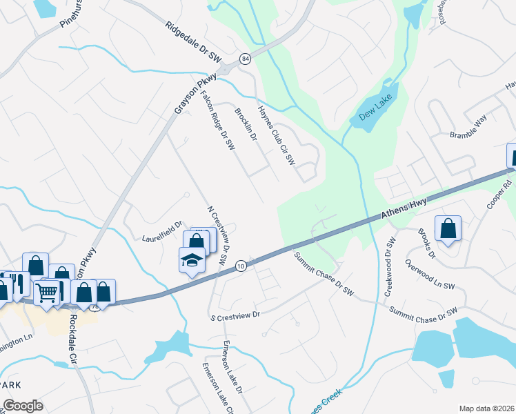 map of restaurants, bars, coffee shops, grocery stores, and more near 2699 Falcon Ridge Drive Southwest in Grayson
