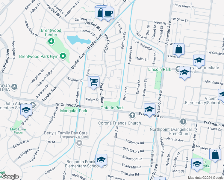 map of restaurants, bars, coffee shops, grocery stores, and more near 1341 Brockton Drive in Corona