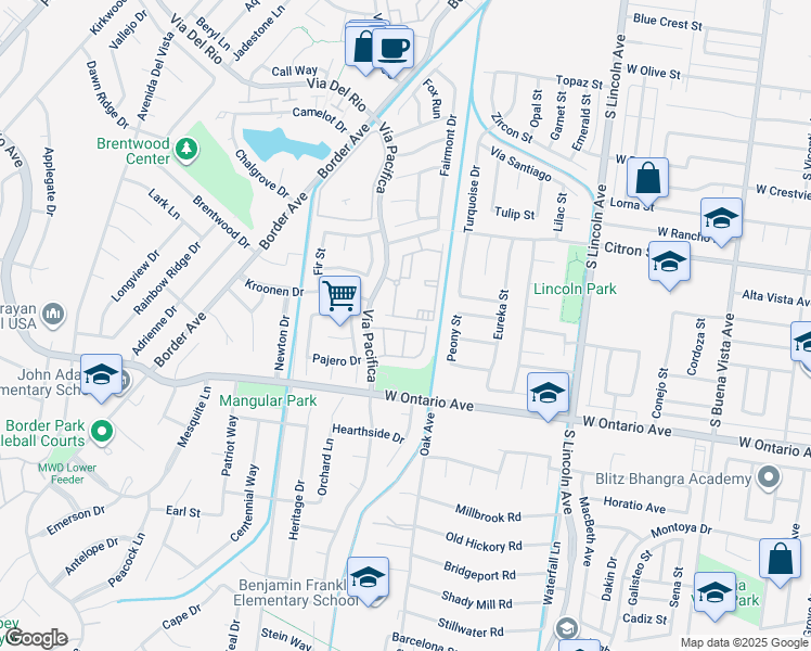map of restaurants, bars, coffee shops, grocery stores, and more near 1341 Brockton Drive in Corona