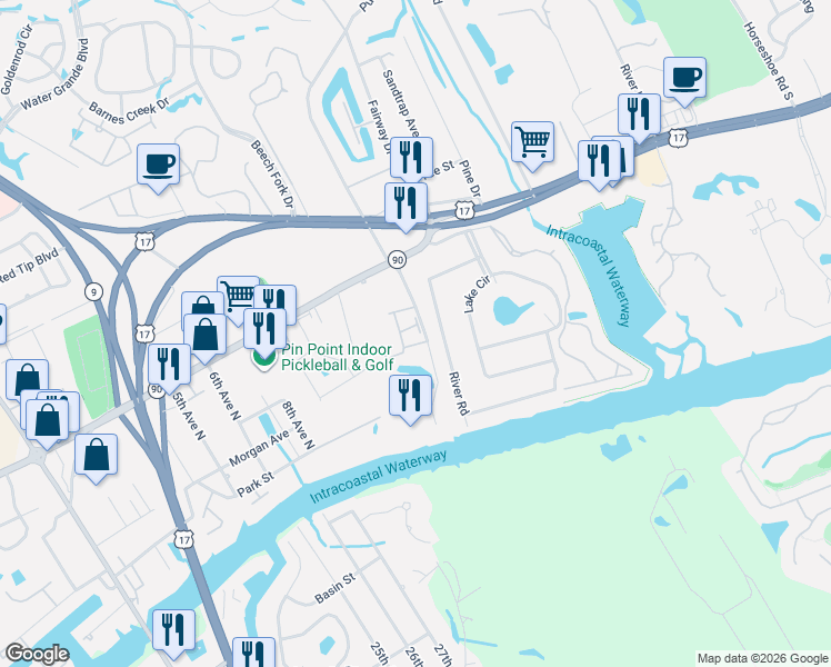map of restaurants, bars, coffee shops, grocery stores, and more near 4357 Grand Harbour Boulevard in Little River