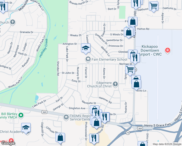 map of restaurants, bars, coffee shops, grocery stores, and more near 4714 Augusta Lane in Wichita Falls