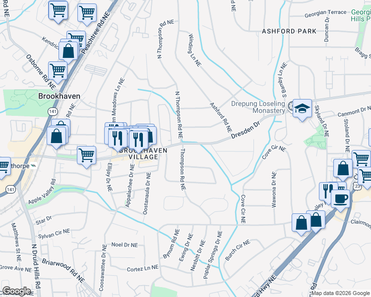 map of restaurants, bars, coffee shops, grocery stores, and more near 1563 Dresden Drive in Atlanta