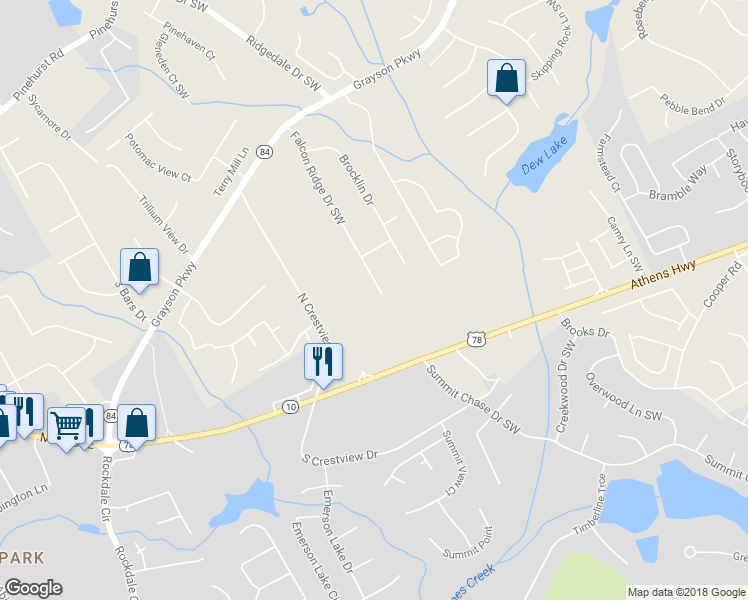 map of restaurants, bars, coffee shops, grocery stores, and more near 2691 Falcon Ridge Drive Southwest in Grayson