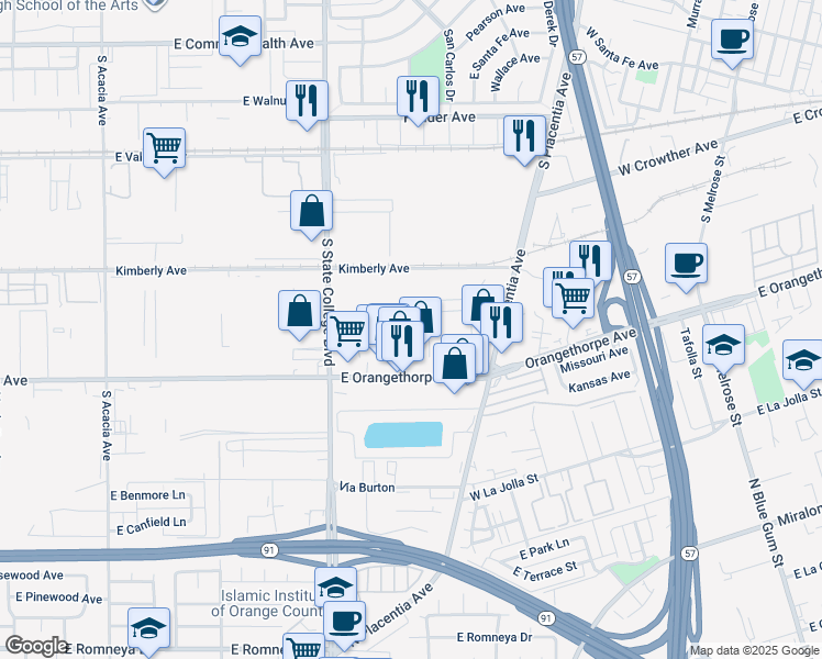 map of restaurants, bars, coffee shops, grocery stores, and more near 2475 East Orangethorpe Avenue in Fullerton