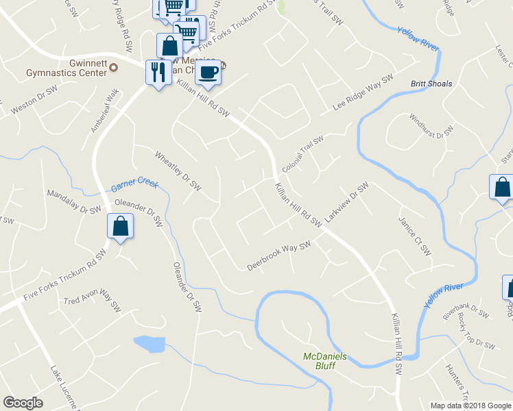 map of restaurants, bars, coffee shops, grocery stores, and more near 4031 Mayflower Court Southwest in Lilburn