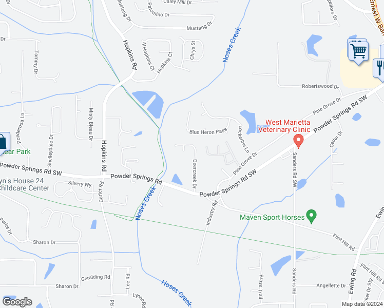 map of restaurants, bars, coffee shops, grocery stores, and more near 3837 Deercreek Drive in Powder Springs