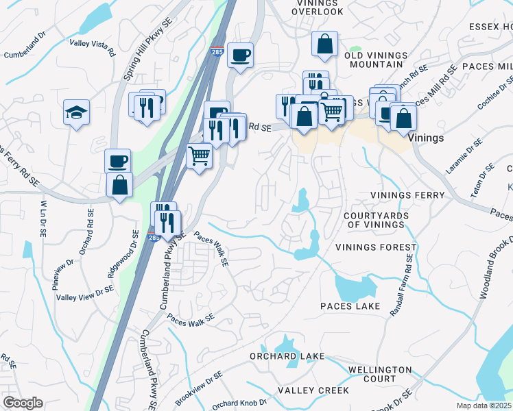 map of restaurants, bars, coffee shops, grocery stores, and more near 3894 Paces Lookout Drive in Atlanta