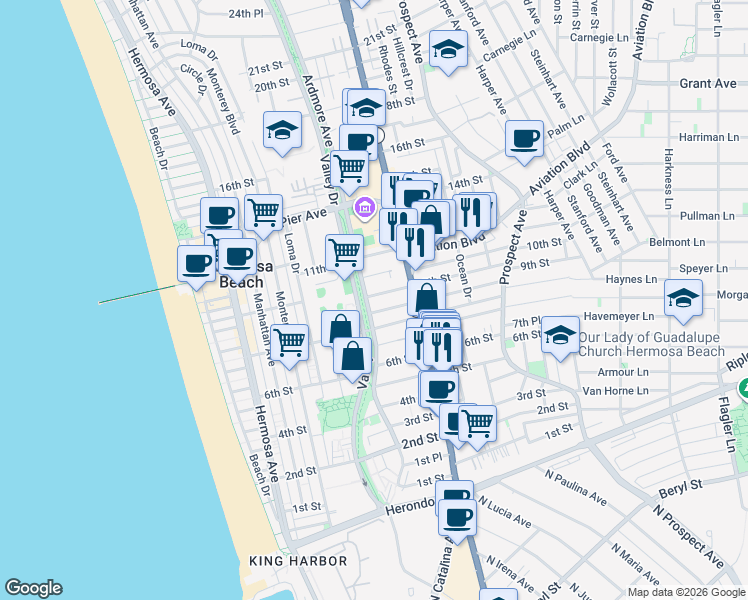 map of restaurants, bars, coffee shops, grocery stores, and more near 610 9th Street in Hermosa Beach