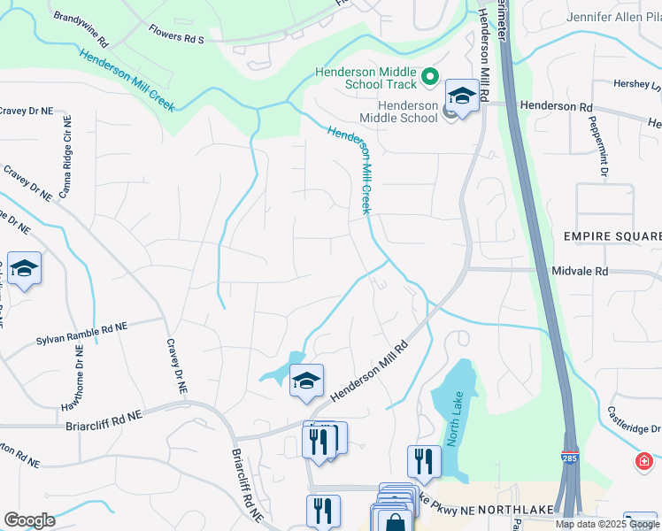 map of restaurants, bars, coffee shops, grocery stores, and more near 2568 Sugarplum Court Northeast in Atlanta