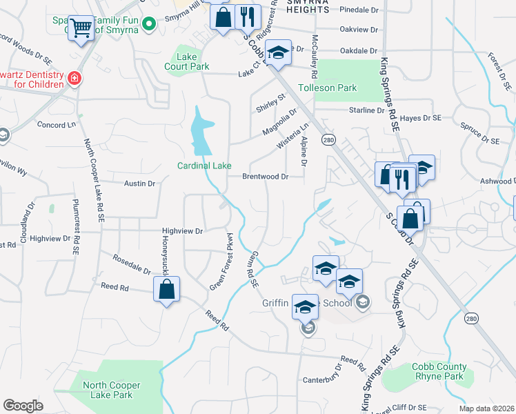 map of restaurants, bars, coffee shops, grocery stores, and more near 4304 Woodhaven Way in Smyrna