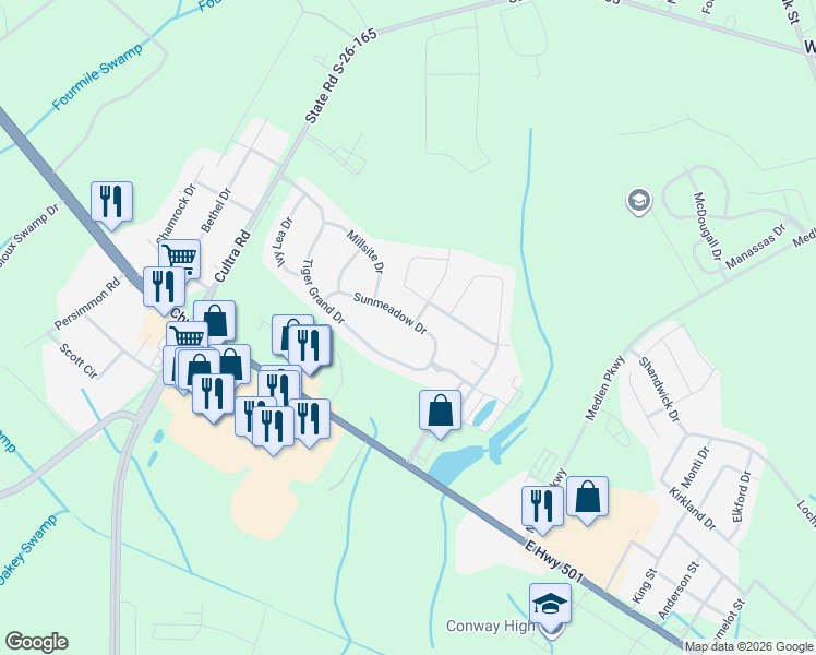 map of restaurants, bars, coffee shops, grocery stores, and more near 1513 Sunmeadow Drive in Conway