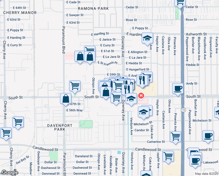 map of restaurants, bars, coffee shops, grocery stores, and more near 3350 East Andy Street in Long Beach