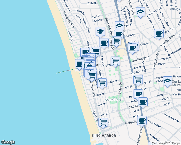 map of restaurants, bars, coffee shops, grocery stores, and more near 1018 Hermosa Avenue in Hermosa Beach